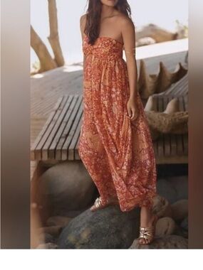 Anthropologie Harem Strapless Boho Smocked Jumpsuit Coverup Red Coral Print Sz S